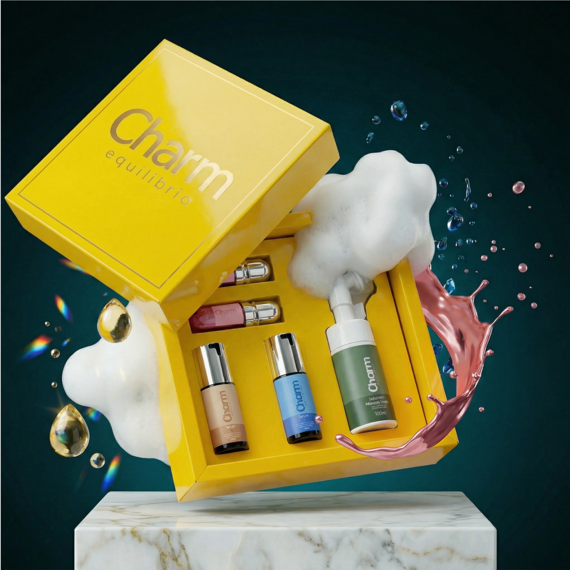 Kit Charm Equilíbrio — séruns, sabonete mousse e glosses